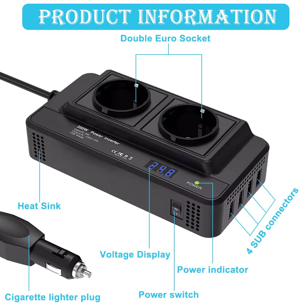 Inversor De Corriente Para Coche 200W - 2 Enchufes Y 4 Puertos USB, 12V A 230V