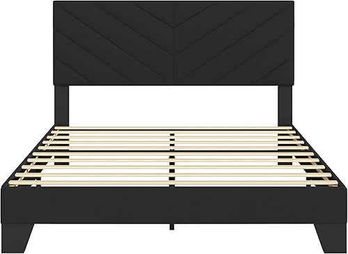 Miniatura 9 de Cama de plataforma tapizada de tamaño matrimonial, base de cama matrimonial con cabecera copetuda, marco resistente y listones de madera,
