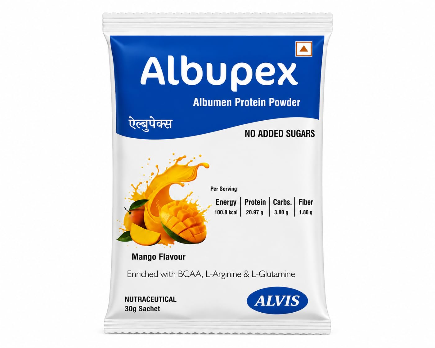 Albupex Albumen Protein Powder Sachet 30g | 20.97g High Biological Value Egg White Protein | BCAA, L-Arginine & L-Glutamine | Mango Flavour