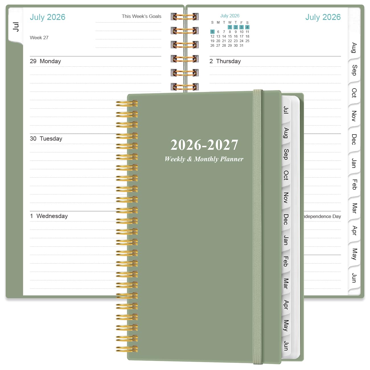 Taschenkalender 2025 - Planer 2025 von Januar 2025 - Dezember 2025, Planer 2025 mit 12 Reitern, Doppeldrahtbindung, Innentasche, 9,5 x 17,1 cm, Grün