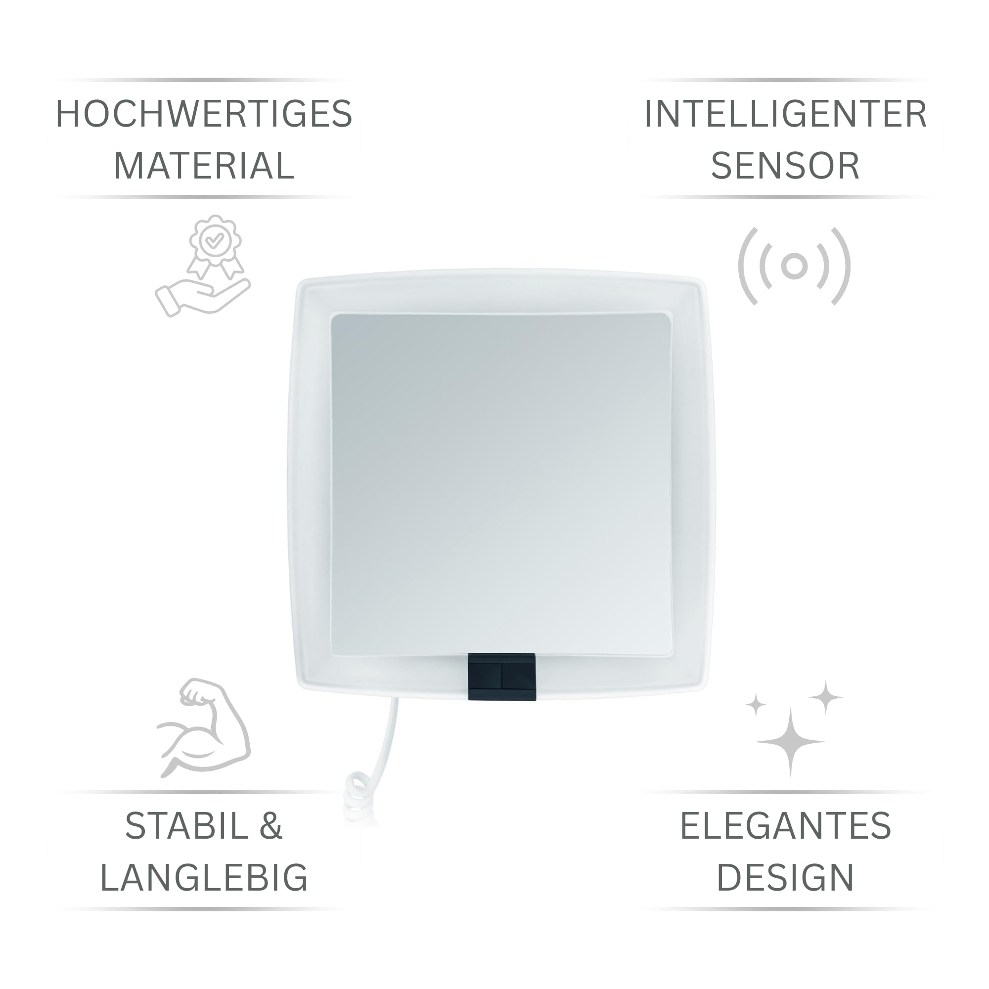 LED Kosmetikspiegel Verona – eckiger 5-facher Vergrößerungsspiegel mit Sensor & Wandmontage – Schminkspiegel mit automatischer LED-Beleuchtung, ausziehbarem Gelenkarm & weißem Kabel