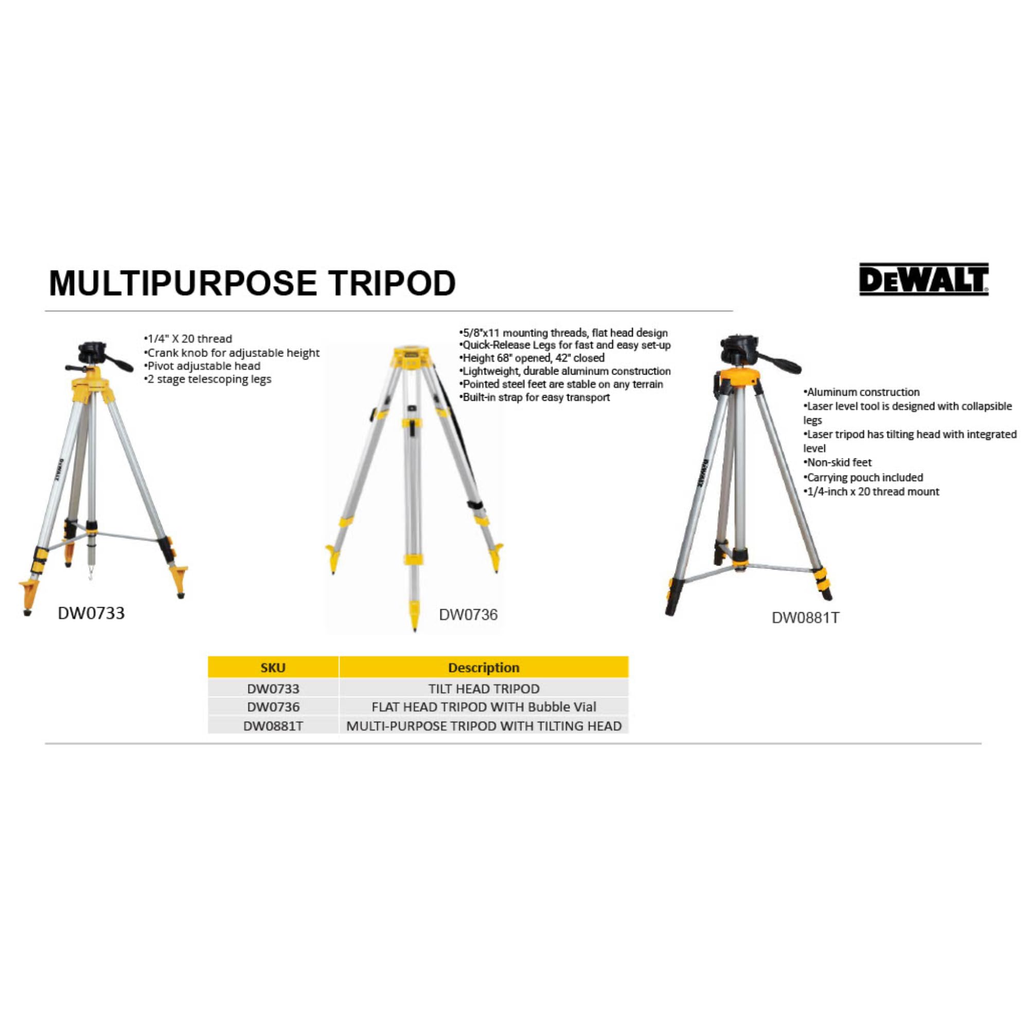 DeWalt DE0736-XJ Trépied Laser Aluminium, Argent/Noir/Jaune, 5/8"