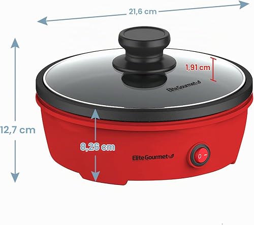Elite Gourmet EGL-6101 Poêle électrique antiadhésive de 650 W, chauffage rapide, couvercle en verre trempé, rouge - 8
