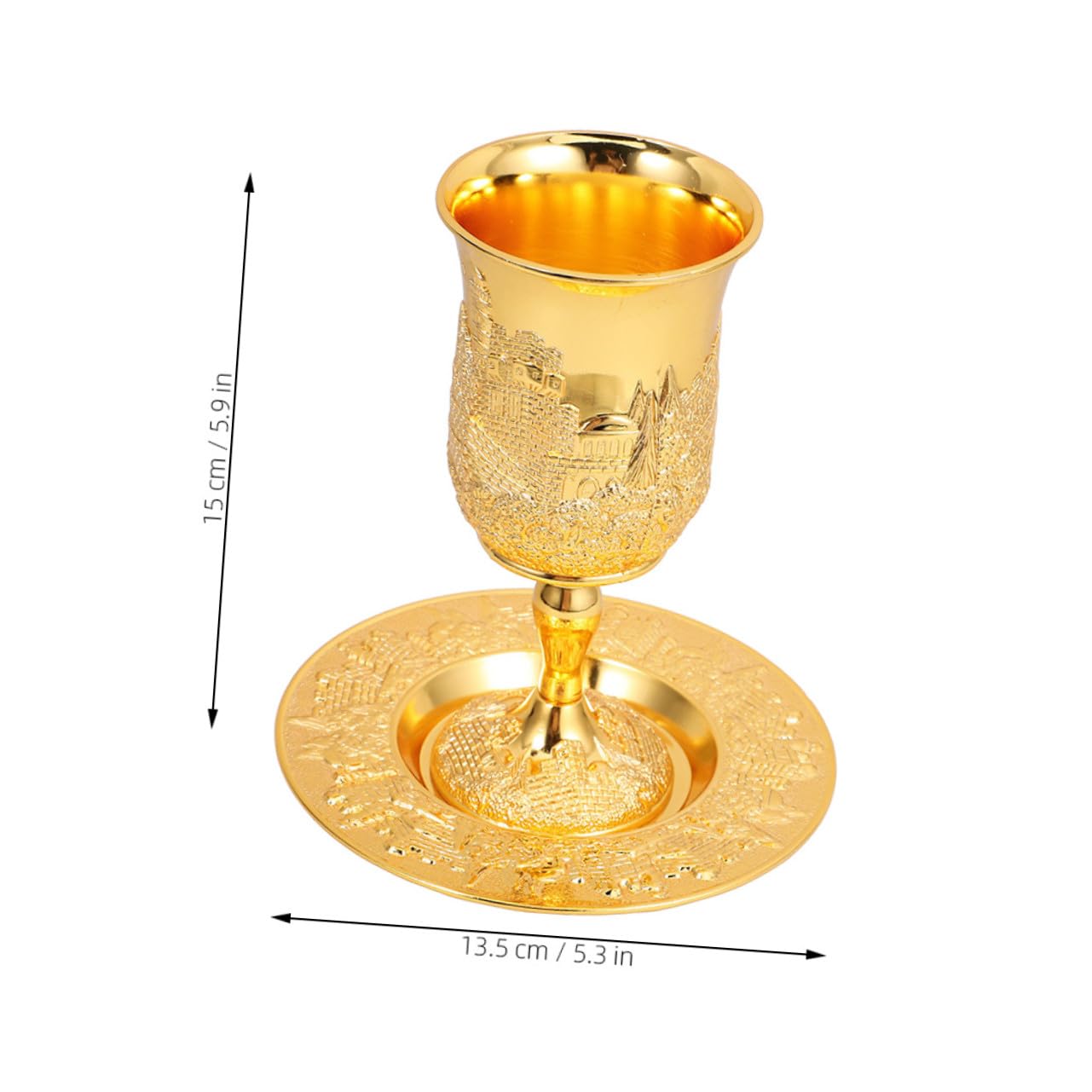 SOLUSTRE 2 Zestawy Metalowych Pucharów Kiddush z Talerzykami Wysokie Tłoczone Kielichy Judaica Do Shabbat Passover Ślubów Tradycyjna Rzemieślnicza Dekoracja Stołu