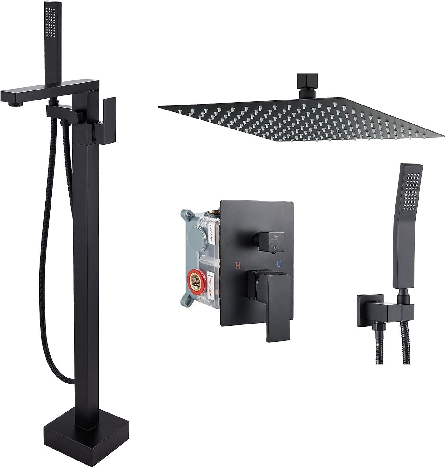 Aolemi Black Freestanding Bathtub Faucet Floor Mount Tub Filler Single Handle Tap with Hand Shower and Swivel Spout 10'' Rain Shower Head Ceiling Mount with Handheld Spray Bathroom Shower Combo Set