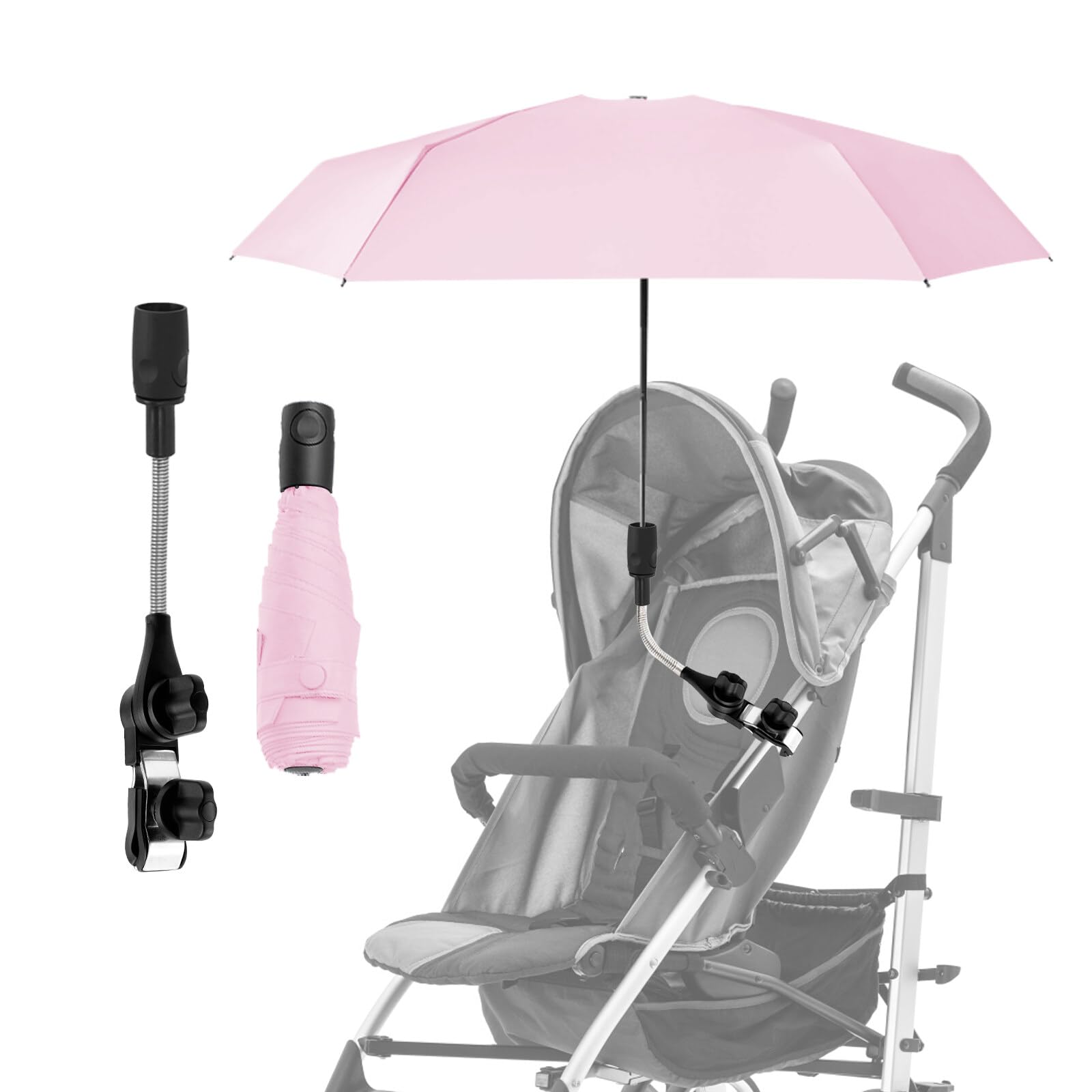 Lvjkes Sombrilla carro bebe, Dirección Libre, Abrazadera Universal Ajustable y Extraíble, Protección UV UPF 50+, Resistente a la Lluvia, protección Solar, diámetro 90 cm, con Paragüero, Asa (Blanco)
