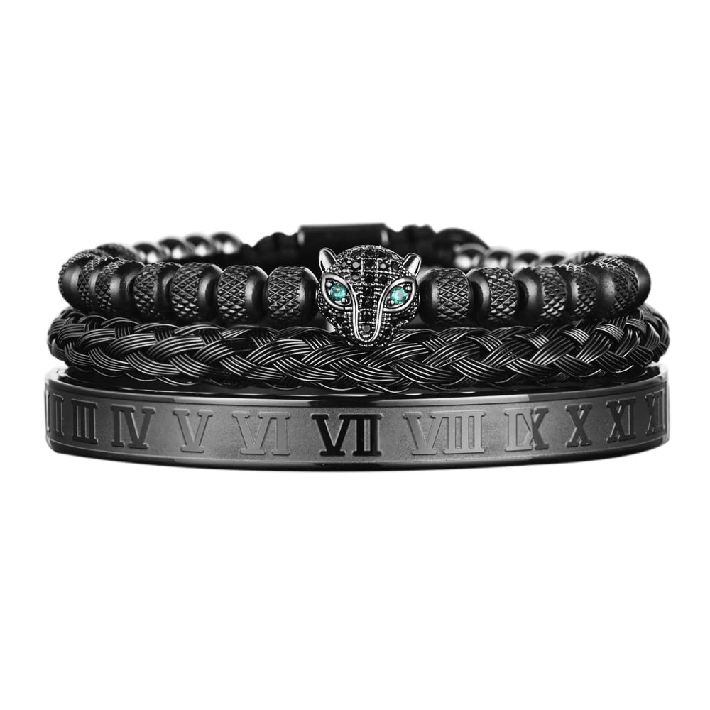 AIDUOMIRZER3pcs/set Classical Handmade Braiding Bracelet Hip Hop Men Pave CZ Leopard Head Roman Numeral Bracelet Stainless Steel Jewelry