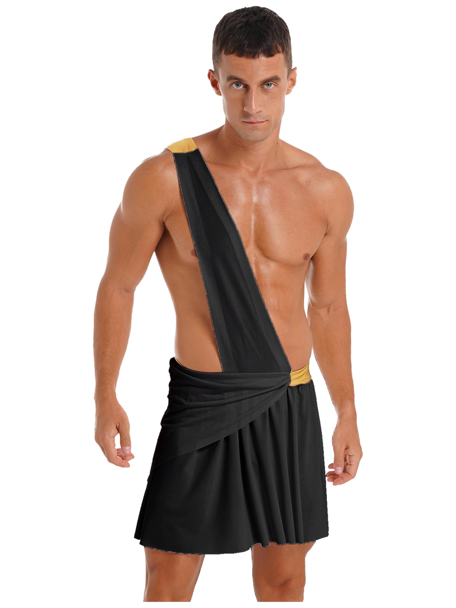 Miutii Mens Ancient Greek God Costume One Shoulder Ruffle Skirt Halloween Theme Party Cosplay Fancy Dress Black M