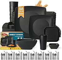 Teivio 88-Piece Unbreakable Wheat Straw Square Dinnerware Set for 8 with Flatware - Black, Dishwasher Safe