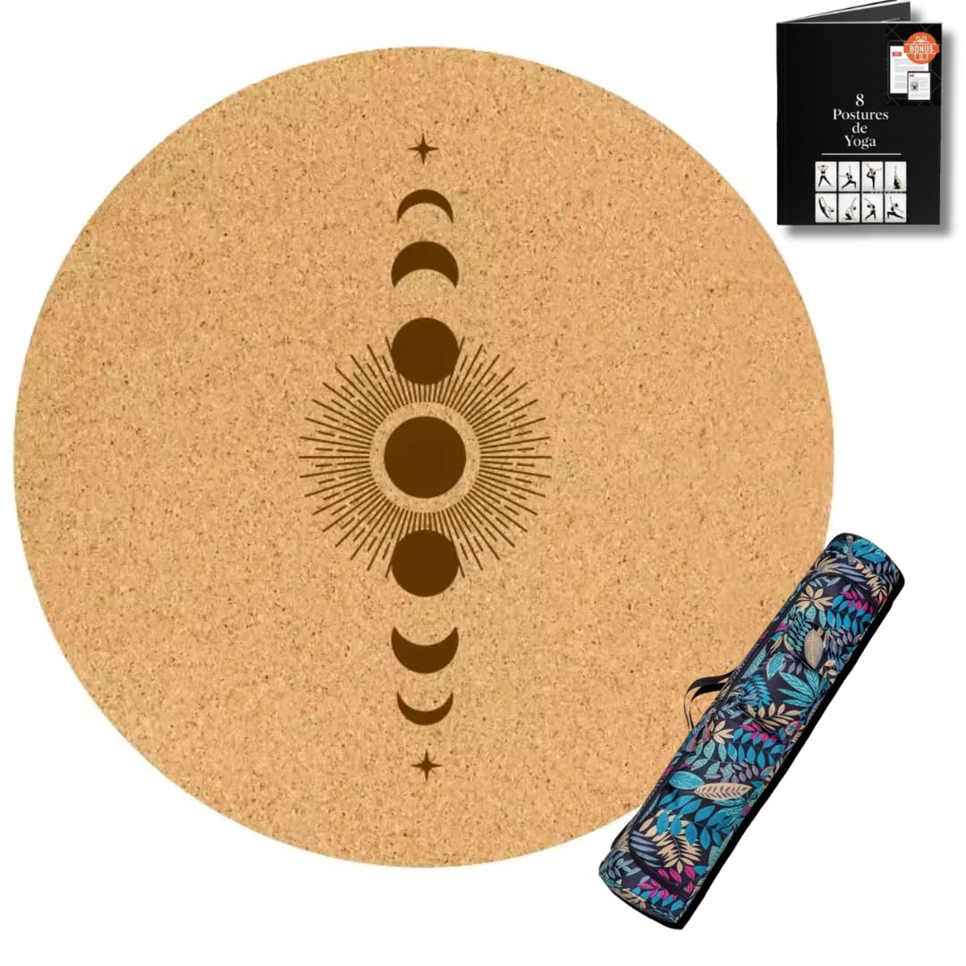 Tappetino da yoga rotondo – sughero naturale ecologico – 68 cm, 5 mm di spessore – antiscivolo, assorbente, per yoga, pilates, meditazione