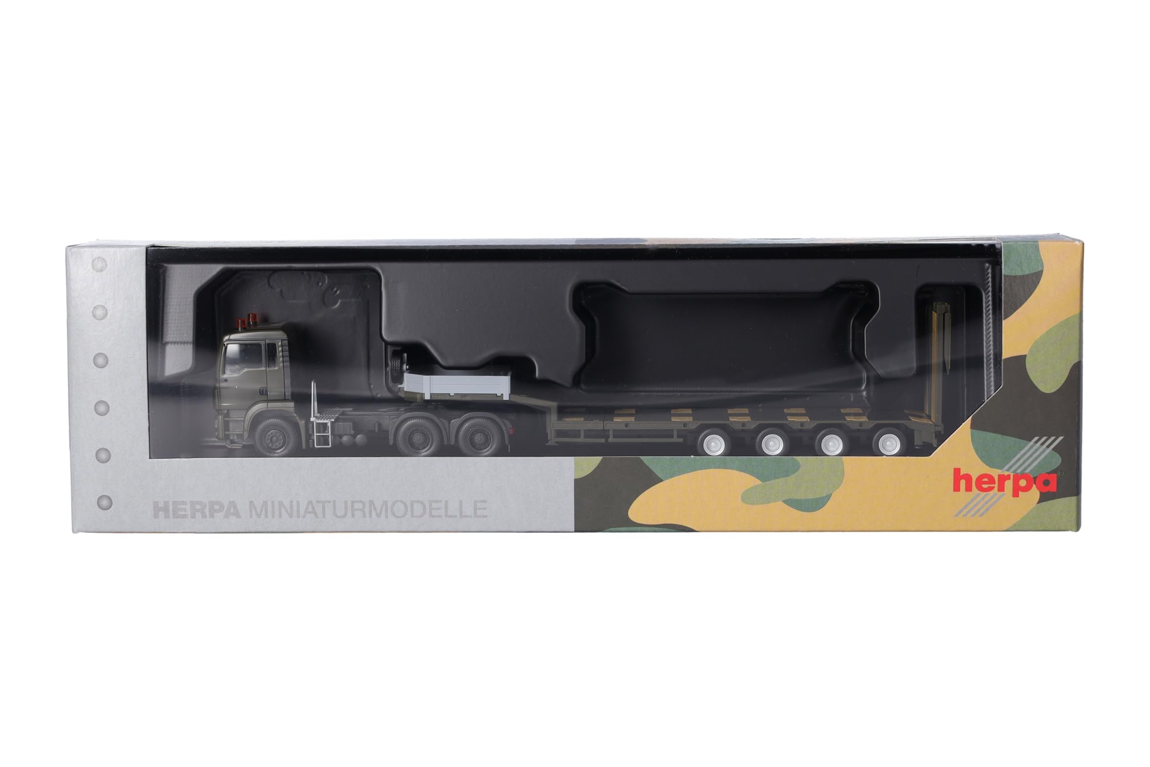 Herpa model ciężarówki MAN TGS M naczepa niskopodwoziowa "Siły Zbrojne Serbii (Serbia)", miniatura w skali 1:87, model kolekcjonerski, wyprodukowano w Niemczech, tworzywo sztuczne