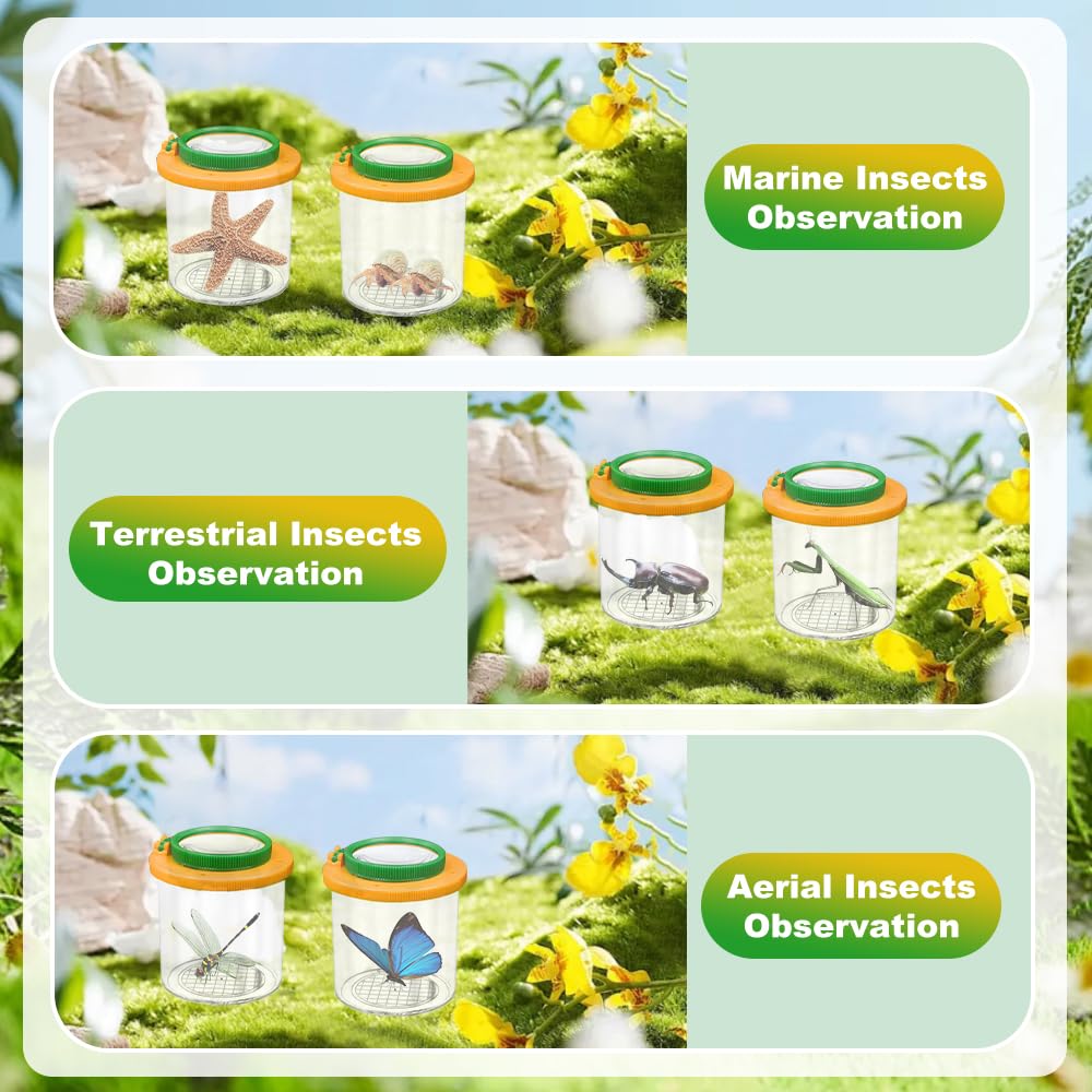 4 Stück Becherlupen für Kinder Becherlupe Lupenglas für Kinder Set Insekten Viewer für 3-Fach/6-Fach Lupenbecher Set Insektenfänger mit Pinzette Kleinkindspielzeug für Outdoor Natur Erkundung