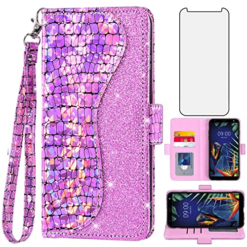 Phone Case for LG K40/K12 Plus/X4 2019/Solo LTE/Xpression Plus 2/Harmony 3 Wallet Cover with Screen Protector and Flip Card Holder Bling Glitter Cell LGK40 K 40 40K L423DL LMX420 Women Girls Pink