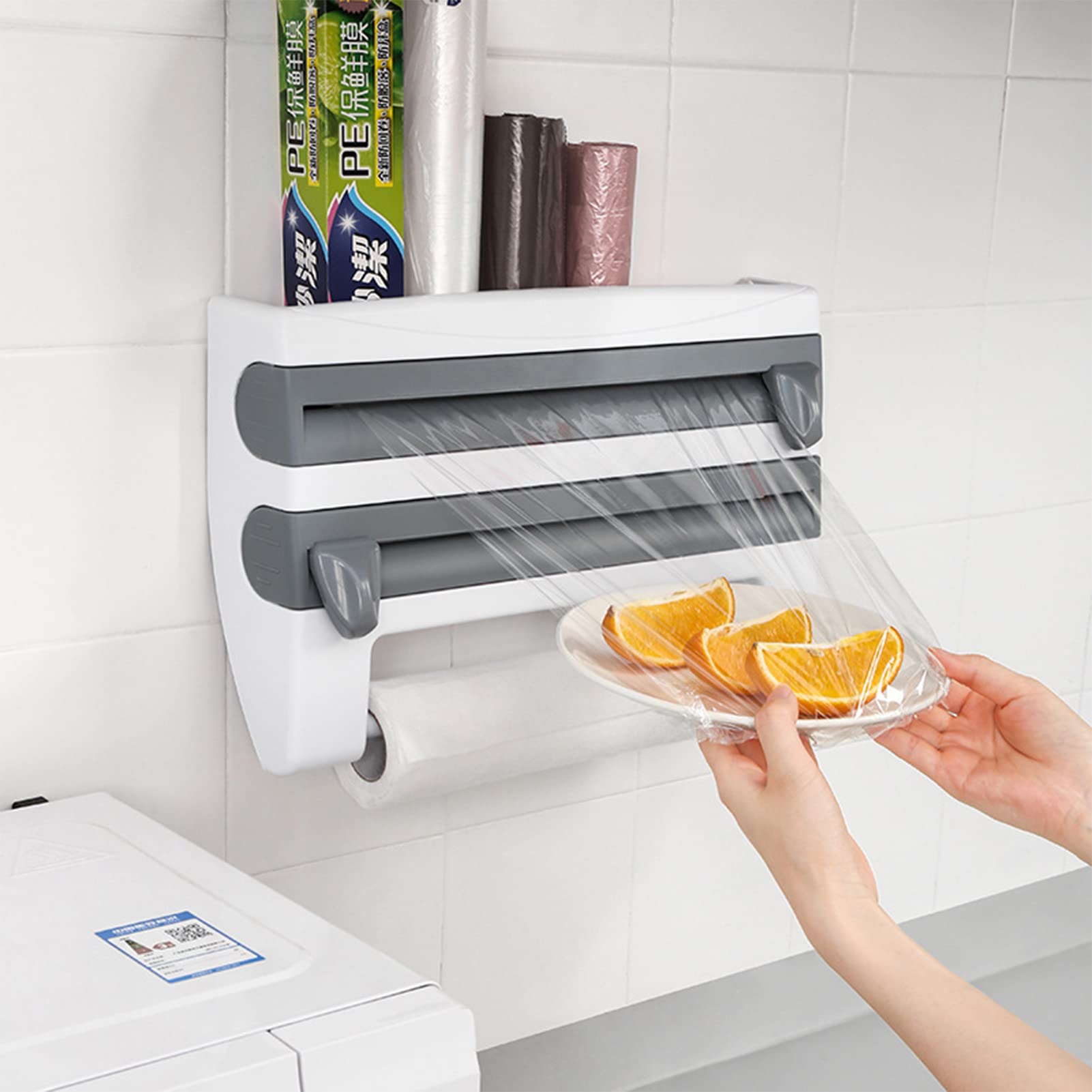 SYFUNLV Estantería de almacenamiento de film transparente, montaje en pared, sin agujeros, fácil montaje, 39 x 24 cm, para papel de aluminio y rollo de cocina, soporte para rollos de cocina extraíble