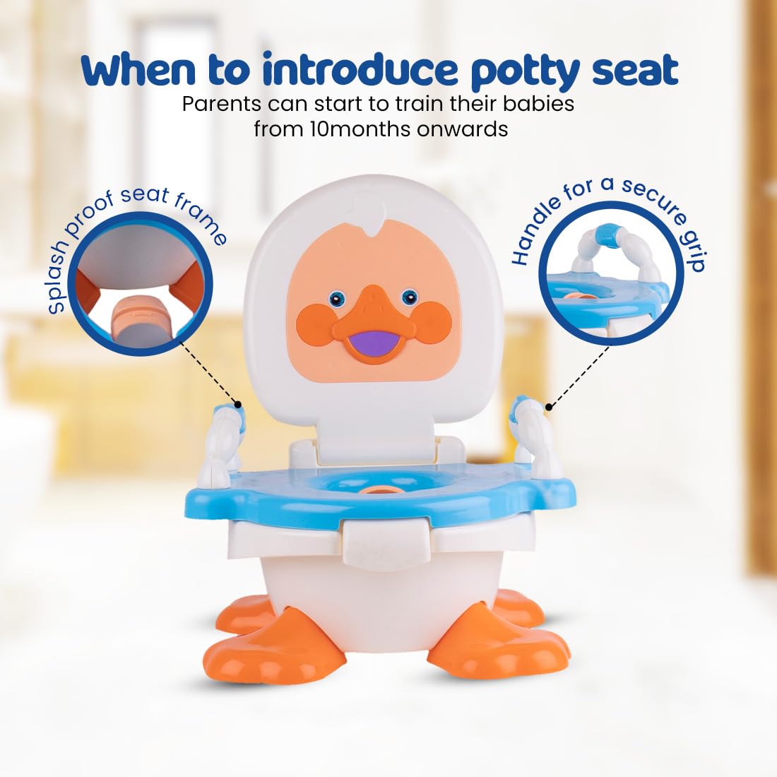 Bumtum Asiento de entrenamiento Duck Potty con cuenco extraíble y una cubierta de tapa, diseño atractivo y asiento de inodoro de color (azul), 1 unidad