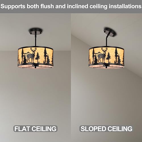 Miniatura 8 de Lámpara de techo rústica semiempotrada, lámpara de metal pergamino de granja con diseño de oso de ciervo, 3 luces industriales negras para comedor,