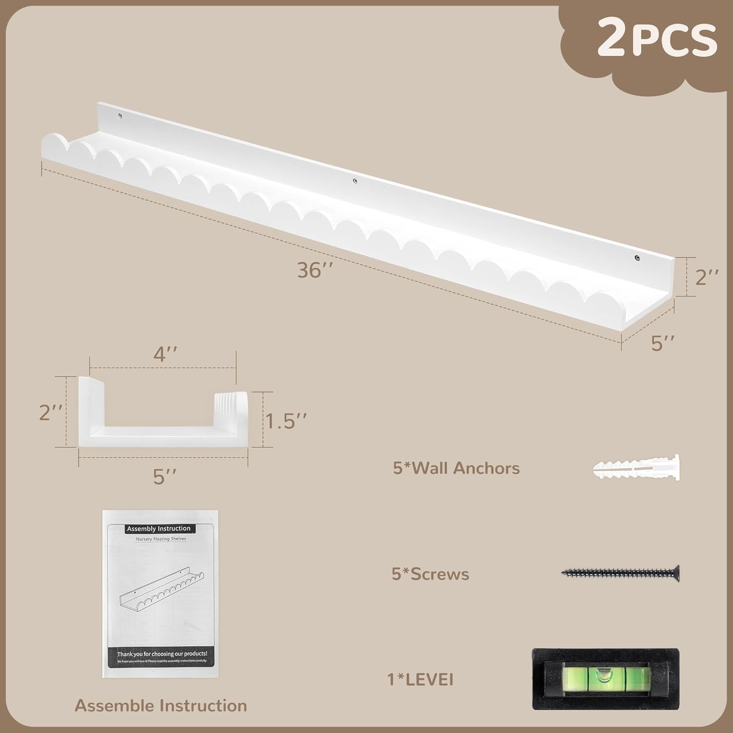 Fun Memories 36 Inch Scalloped Nursery Shelf, White Picture Ledge for Wall, Set of 2, Kids Book Shelves with Floating Design for Kids Rooms, Bedroom White Scalloped 36'', 2 Pack