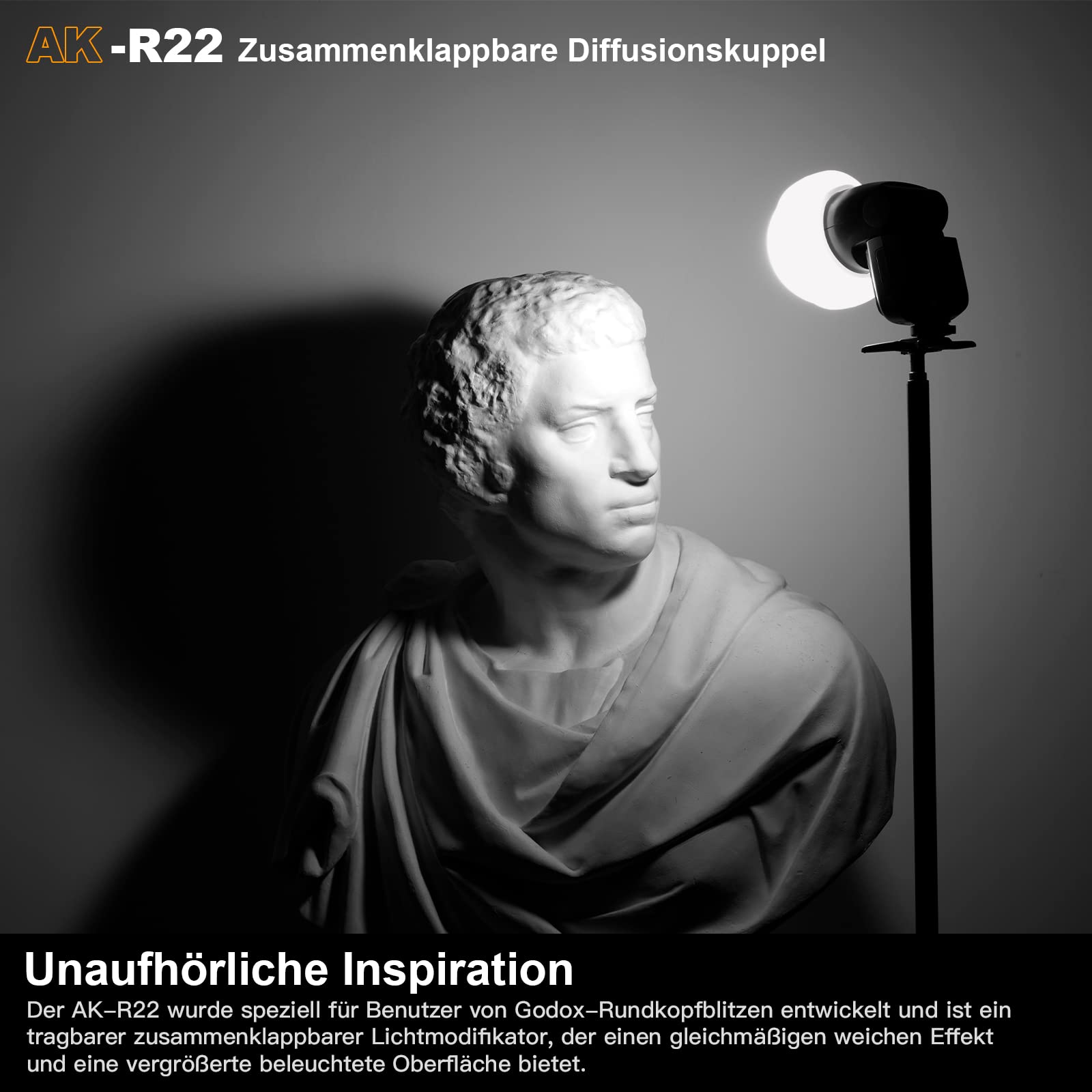 Godox AK-R22 Diffusion Dome,Zusammenklappbarer Lichtformer aus Silikonmaterial,für Rundkopfblitze Godox AD100PRO,AD200PRO (mit H200R),Diffusionskuppel für V1 Kamerablitzserie