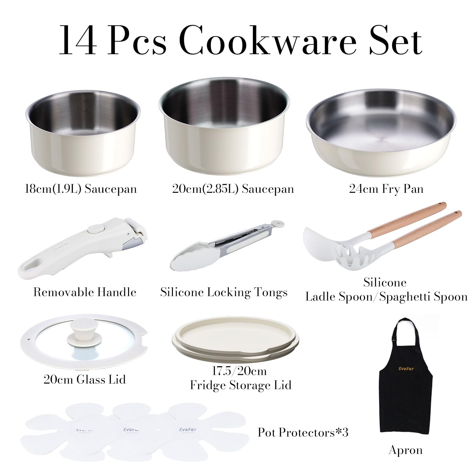 juego de ollas de acero inoxidable, juego de sartenes de 14 piezas, cerámica juego de cocina con mangos desmontables, sartén 24 cm, olla 18/20 cm, juego de ollas apilable para todo tipo de