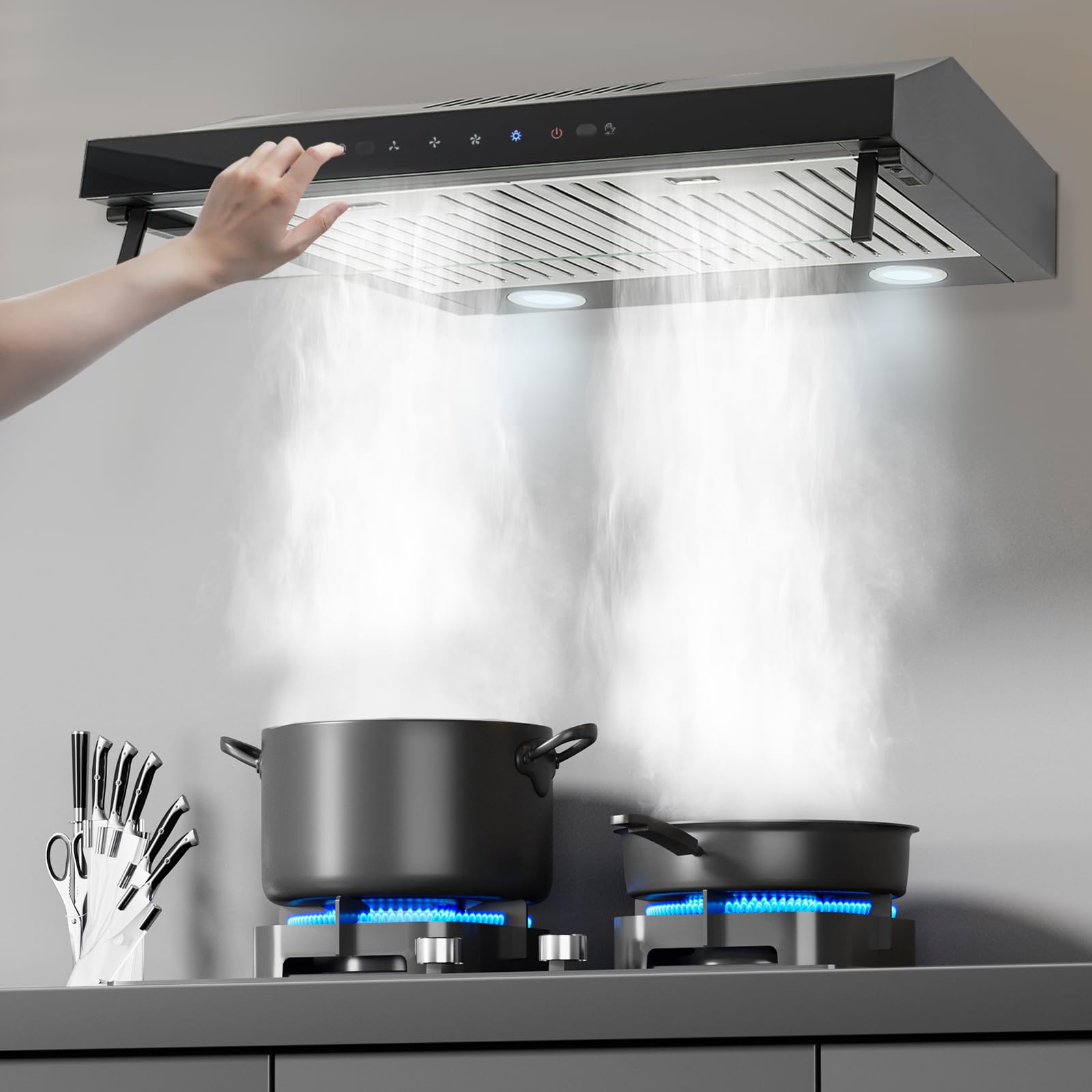 Cappa aspirante in acciaio inox con doppio motore, cappa aspirante da cucina con sensore touch e ricircolo d'aria, cappa aspirante con filtro ai carboni attivi