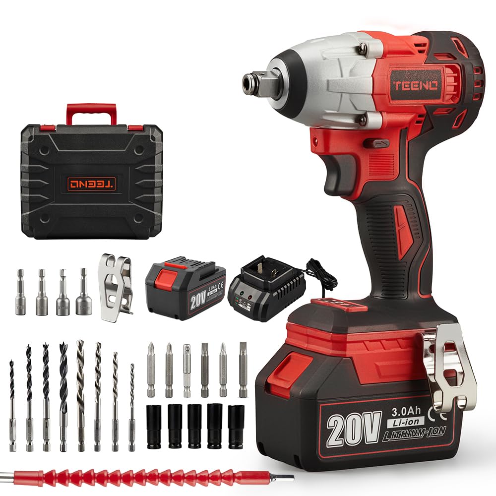 TEENO. 20V Brushless Cordless Lithium-Ion Impact Wrench 3.0Ah Batteries, Charger, 3pcs Sockets, 1/2 Inch, 320NM (One Battery)