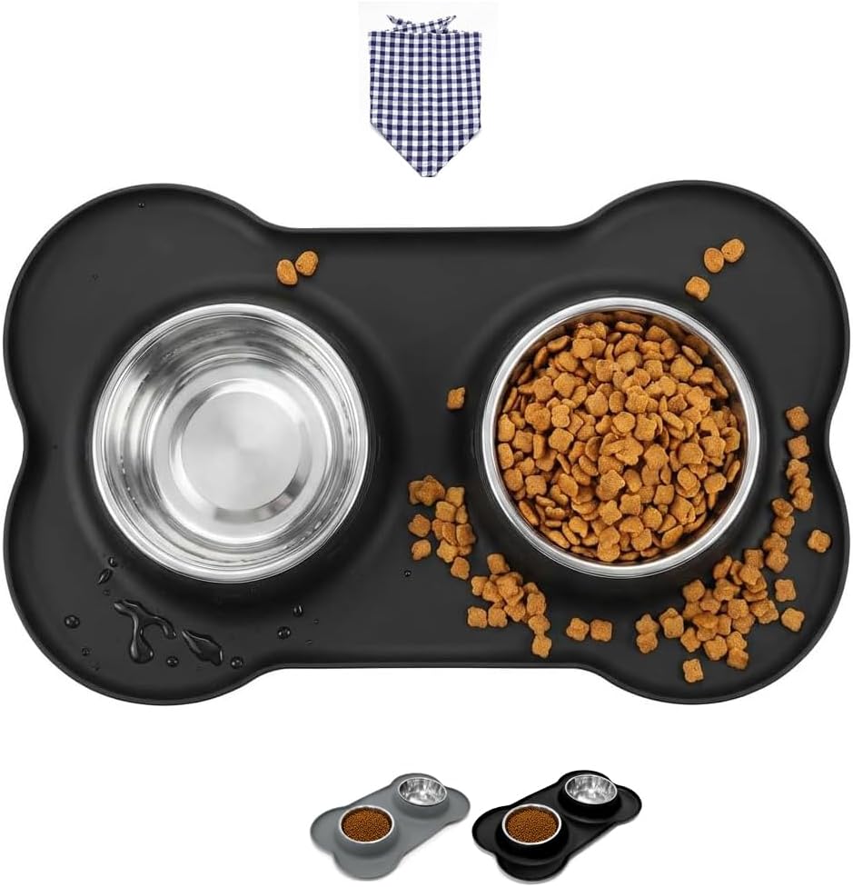 Double Stainless Steel Dog Bowls with Non-Slip Silicone Mat,Pets Food Bowl Set, Non-Slip & Dishwasher Safe, Small Dog Bowls for Puppies & Cats, Suitable for Tiny Pets Under 8lbs,Extra Small,Black