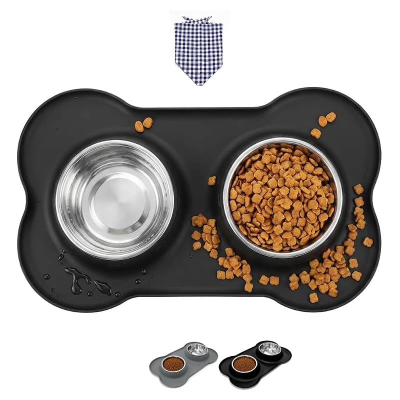 Conjunto de Tigelas para Cães e Gatos em Aço Inoxidável com Tapete de Silicone Antiderrapante Langierspur, 380 mL, 3 peças