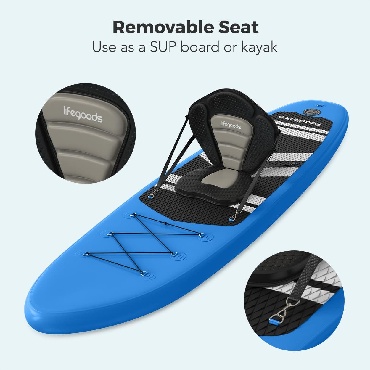 LifeGoods SUP board with removable kayak seat attached