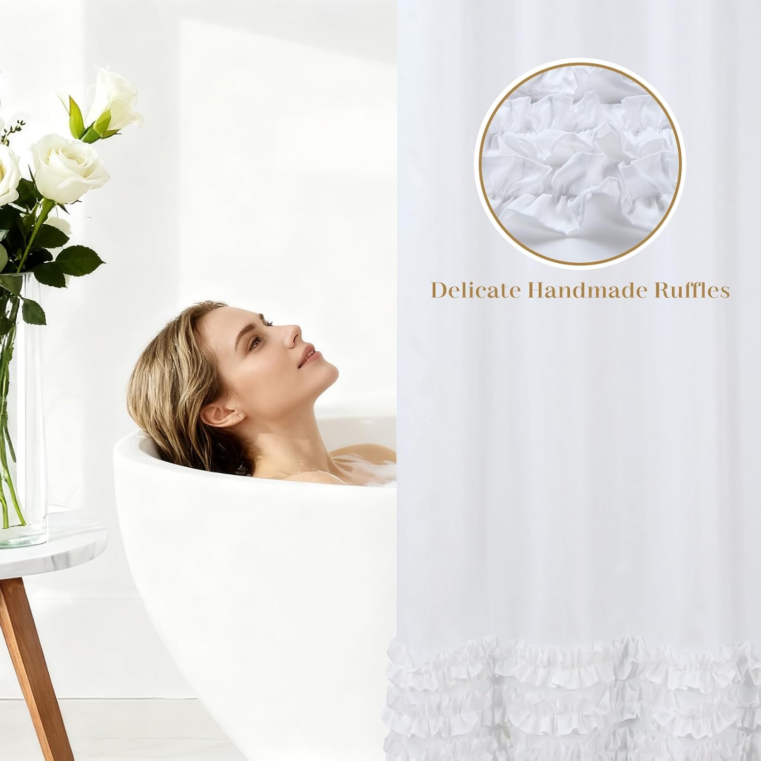 White Ruffle Shower Curtain, Girls Women Fabric Shower Curtain with Delicate Handcrafted Ruffles, Waterproof Ruched Farmhouse Decorative Bathroom Curtain, 72" W x 72" H