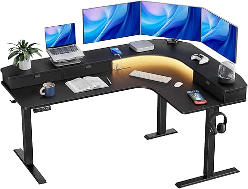 HUANUO 65″ L-Shaped Standing Desk with Power Outlets & LED