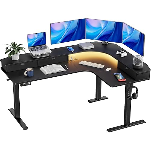 HUANUO 65″ L-Shaped Standing Desk with Power Outlets & LED Strip, Electric Height Adjustable Corner Computer Desk, Sit Stand Up Desk with 3 Drawers, Black