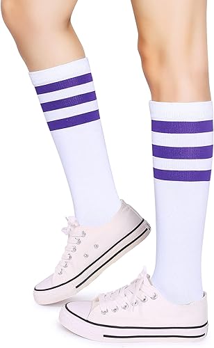 Miniatura 3 de Henwarry Calcetines de tubo sobre la pantorrilla, calcetines clásicos de triple rayas de algodón retro atléticos para hombres y mujeres