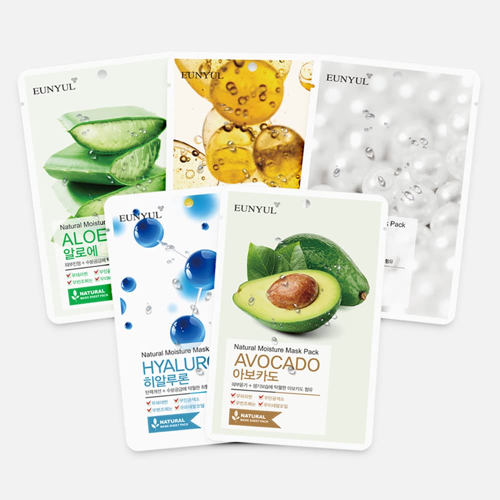 Eunyul Maschera in tessuto naturale Confezione da 5 tipi Maschera per il viso per la cura della pelle coreana Aloe, collagene, perla, ialurone, maschera il viso in fogli di avocado, confezione da 50