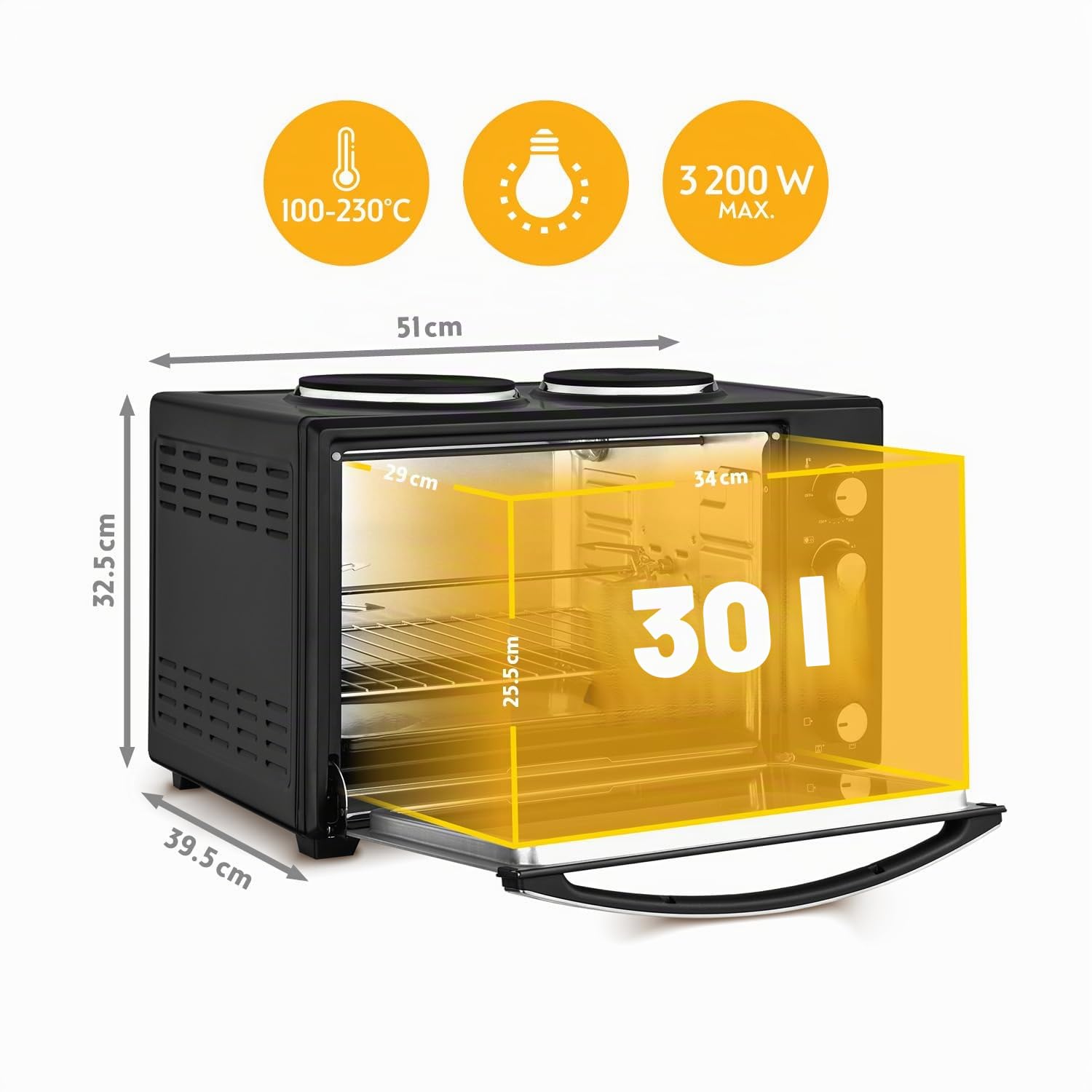 TZS First Austria - Minibackofen mit Kochplatten 30L 3200 W - Mini Backofen Pizzaofen mit Herdplatten bis 230°C & 6 Heizmodi - Miniofen Kombigerät mit 4 Einschubhöhen & hochwertigem Zubehör