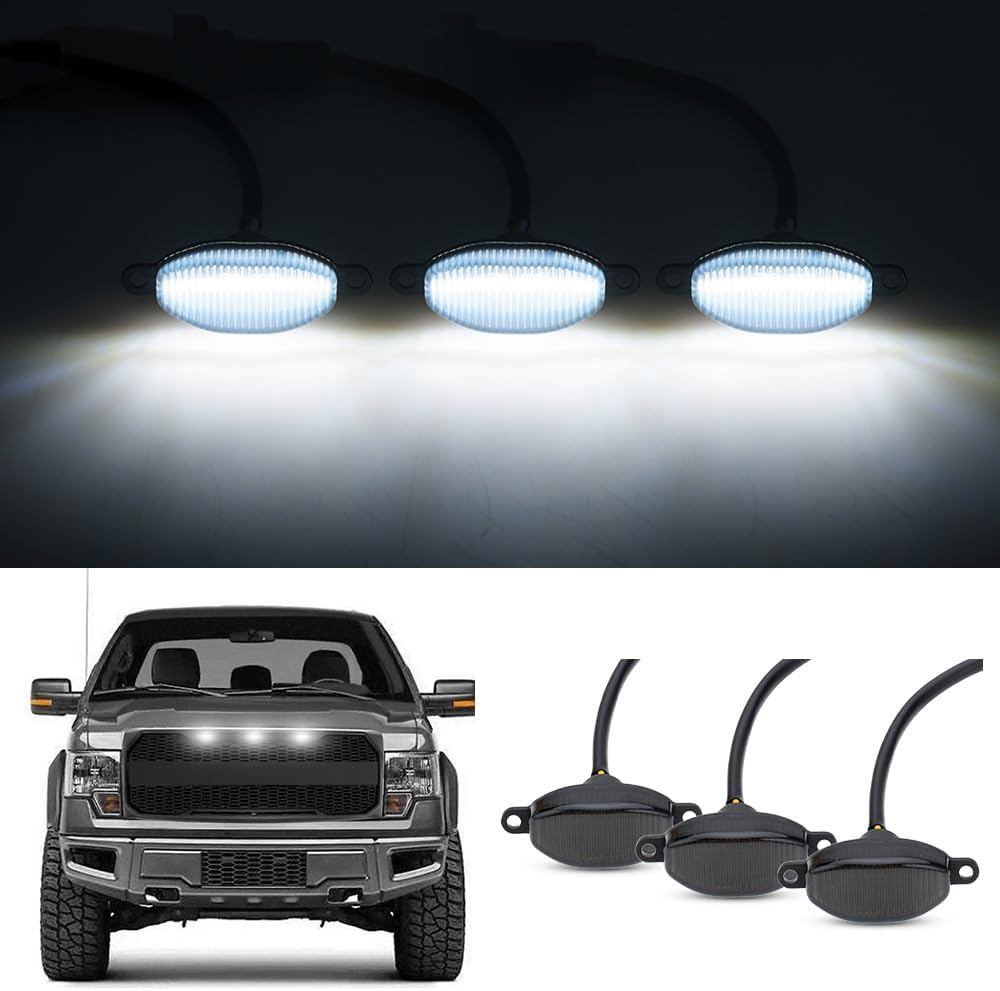 Smoked Lens Xenon White LED Rapter Lights for 2010-2014 Ford F150 SVT Rapter Pick Up 2017-2019 Ford Rapter Pick Up Front Bumper Grille Driving Light Kits F-150 Daytime Running Lamps Light Kits
