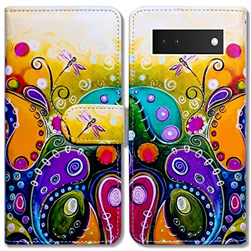 Bcov Case for Pixel 6a, Colorful Dragonfly Leather Flip Phone Case Wallet Cover with Card Slot Holder Kickstand for Google Pixel 6a