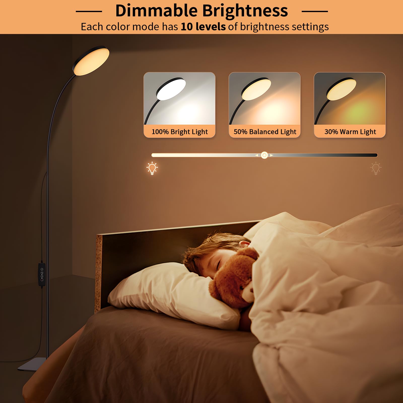 Mojimdo Stehlampe, [3 Farben & 10 Helligkeiten] Schlanke LED Leselampe Stehend, Dimmbar Einstellbare Flexible Stehleuchte für Kinderzimmer, Büro, Wohnzimmer, Ecke Nachttischlampe