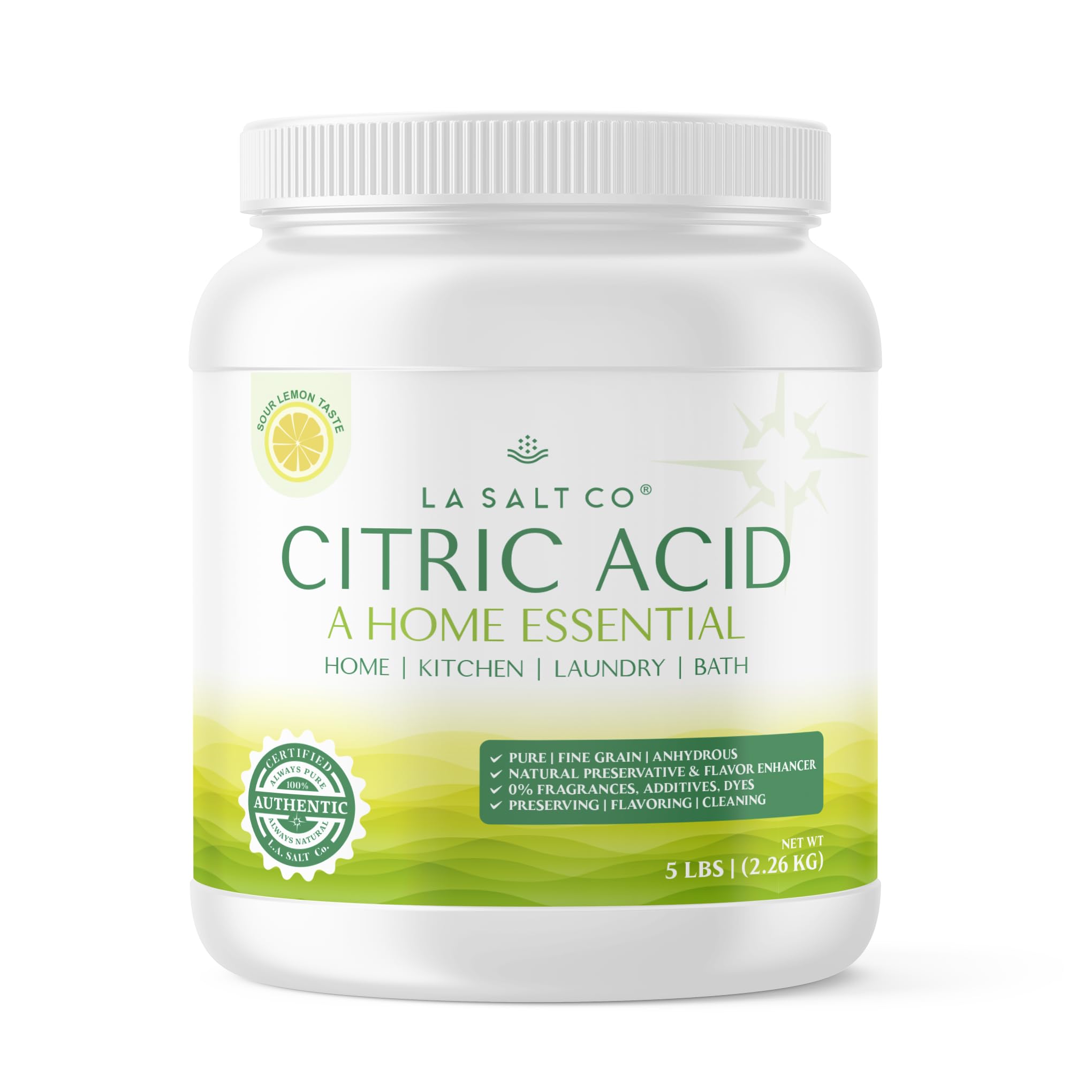 LA SALT CO Citric Acid 5 Pound Jar, 100% Pure Food Grade, USP, Kosher, Non-GMO, Fragrance Free Fragrance Free