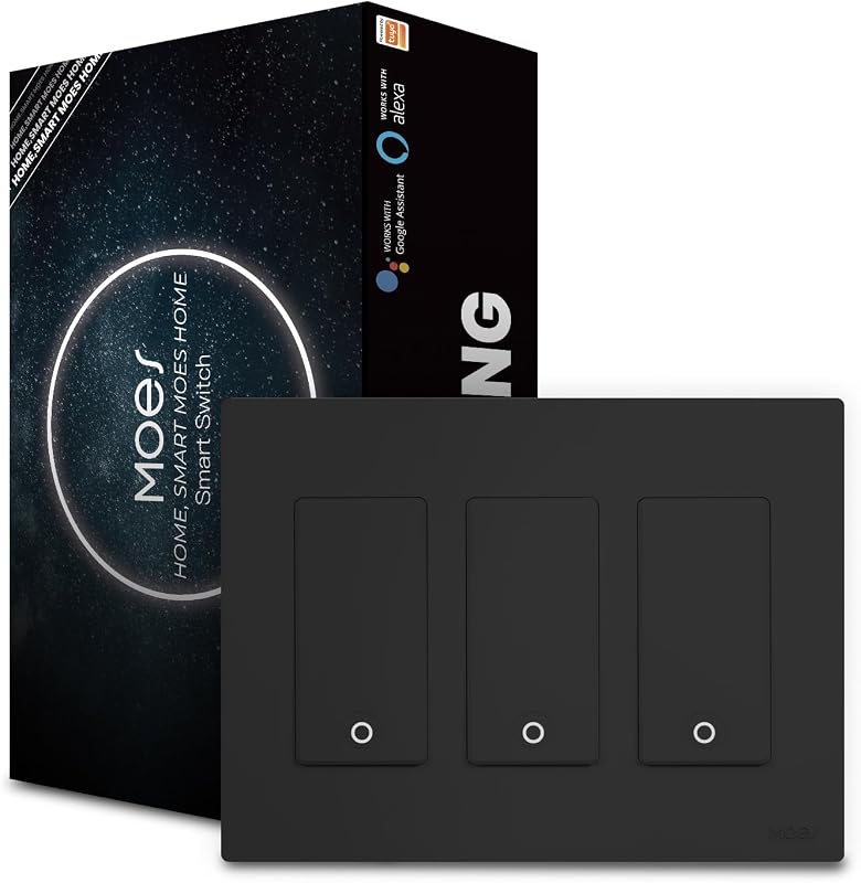 MOES Star Ring WiFi Smart Light Switch, Alexa Google No Hub, Black 3 Gang