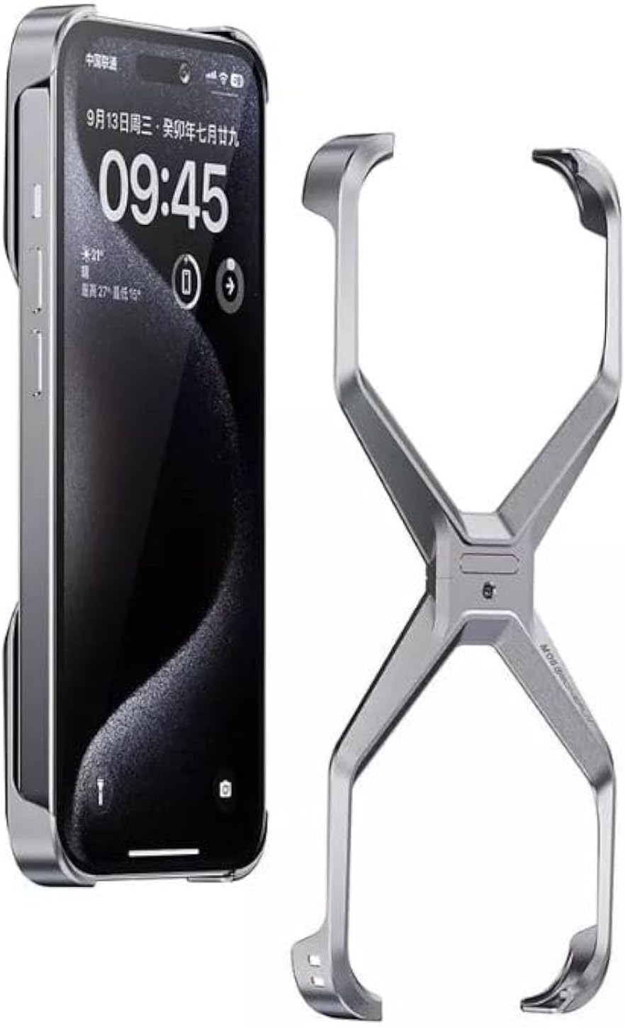 AJKingsley X Shape Anti-Fall Bare Phone Case, X Shaped Metal Frame for iPhone 15 Pro Max, Dissipate Heat Frameless Aluminum Alloy, Metal Corner Pad Anti-Fall Phone Case (Natural Titanium)