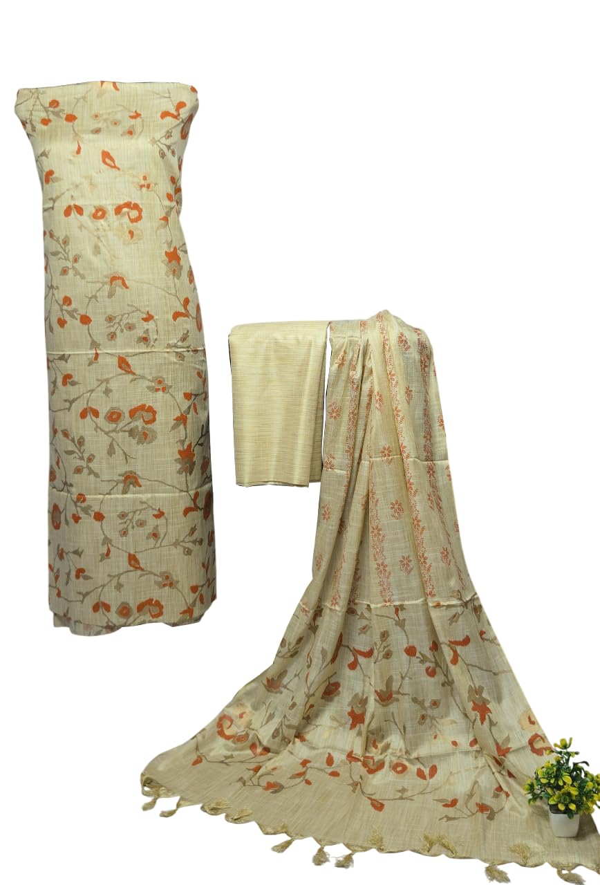 Karigarcraft Khadi Silk Printed Suit Fabric for Salwar Kameez, Kurti, and Ethnic Wear | Soft & Comfortable Material for Tailoring | Base biege color with gold and orange color print-image-14