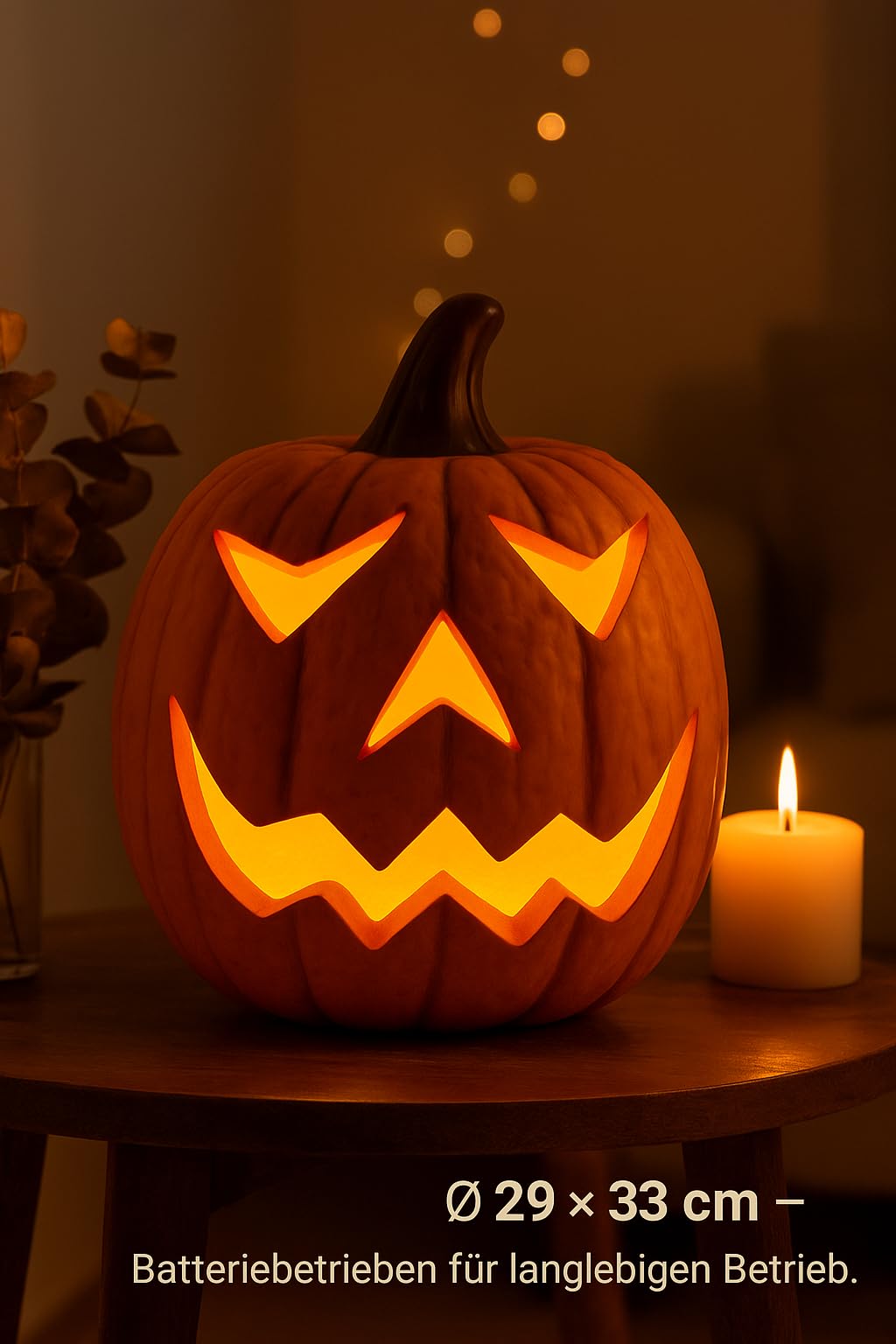 Herbstdeko Halloween Kürbis mit LED – Polyresin, 29 x 33 cm, warmweiß