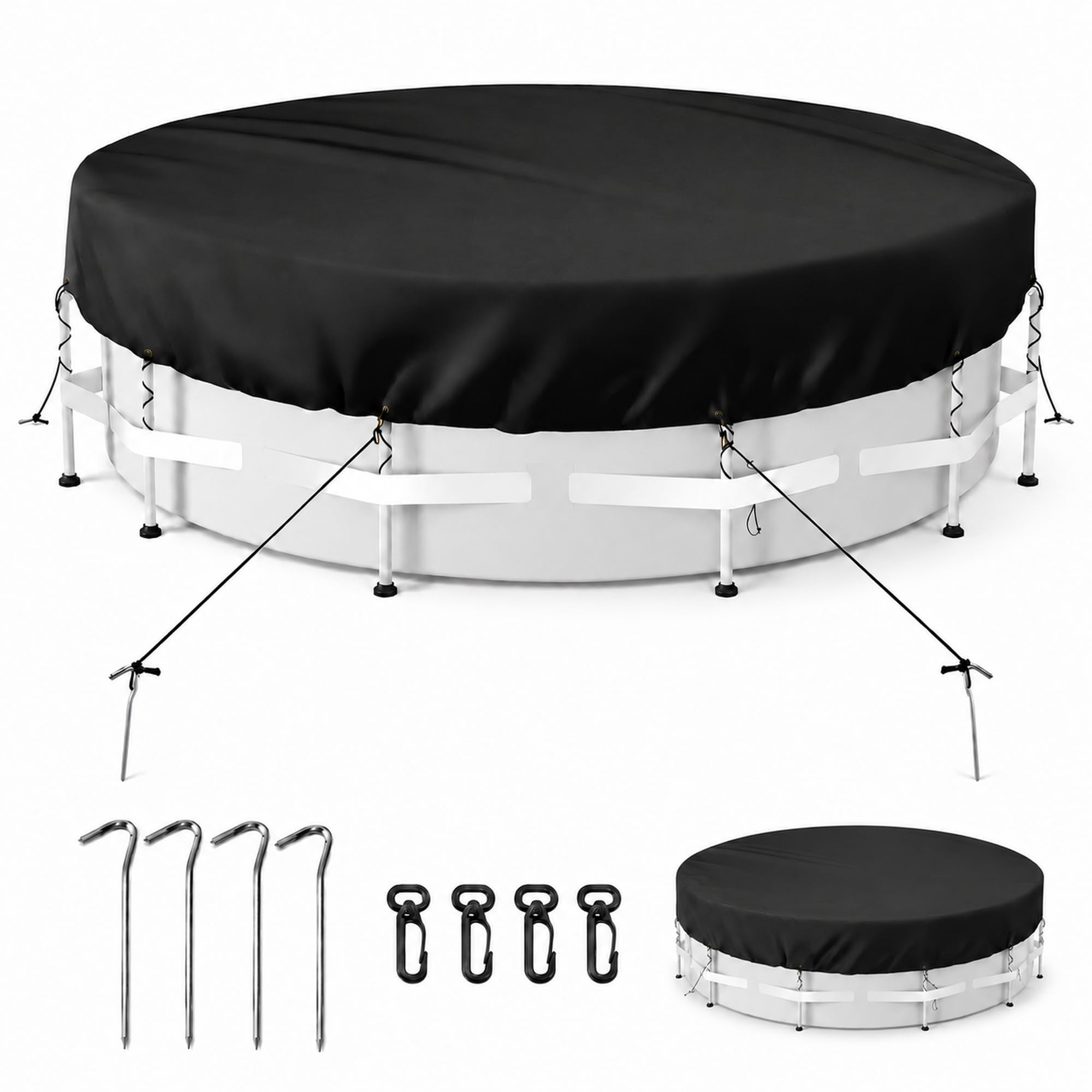 Cubierta de piscina redonda de 305 cm – Cubierta de invierno de tela Oxford 420D con revestimiento de poliuretano, protección UV, cordón y clavos para el suelo, resistente al viento y a las roturas