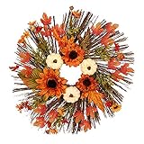 FRAKS Herbst-Ahornblatt-Kürbis-Kranz, künstlicher Kranz, weißer Kürbis, Sonnenblumen-Kranz, Türdekoration, Herbsttür, Wandkranz, Ornament for Thanksgiving, Halloween-Festival