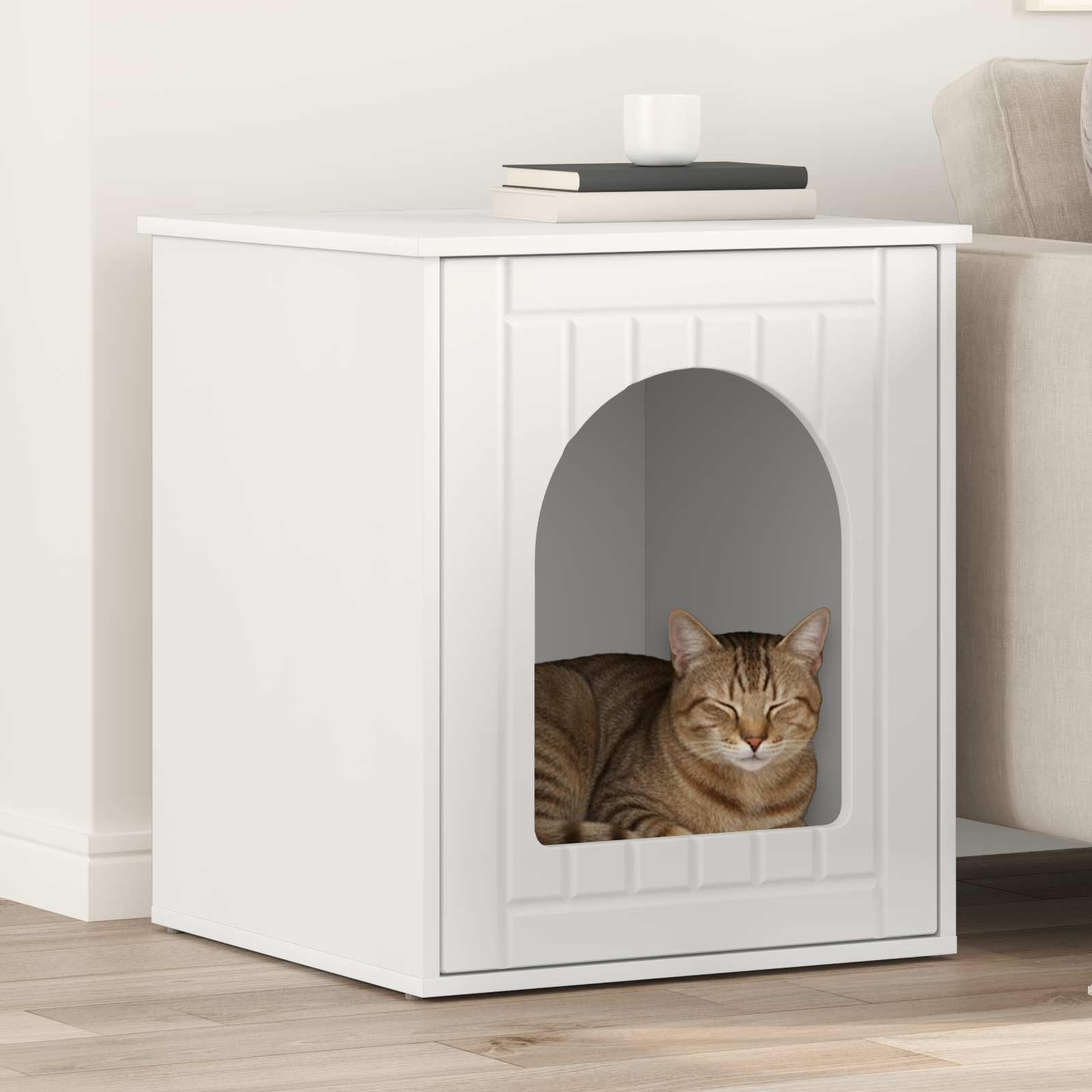 Casetta per gatti bianca in legno 53 x 52 x 62 cm con kit di montaggio per soggiorno interno, stabile, salvaspazio, accogliente rifugio, design moderno, facile da pulire, durevole