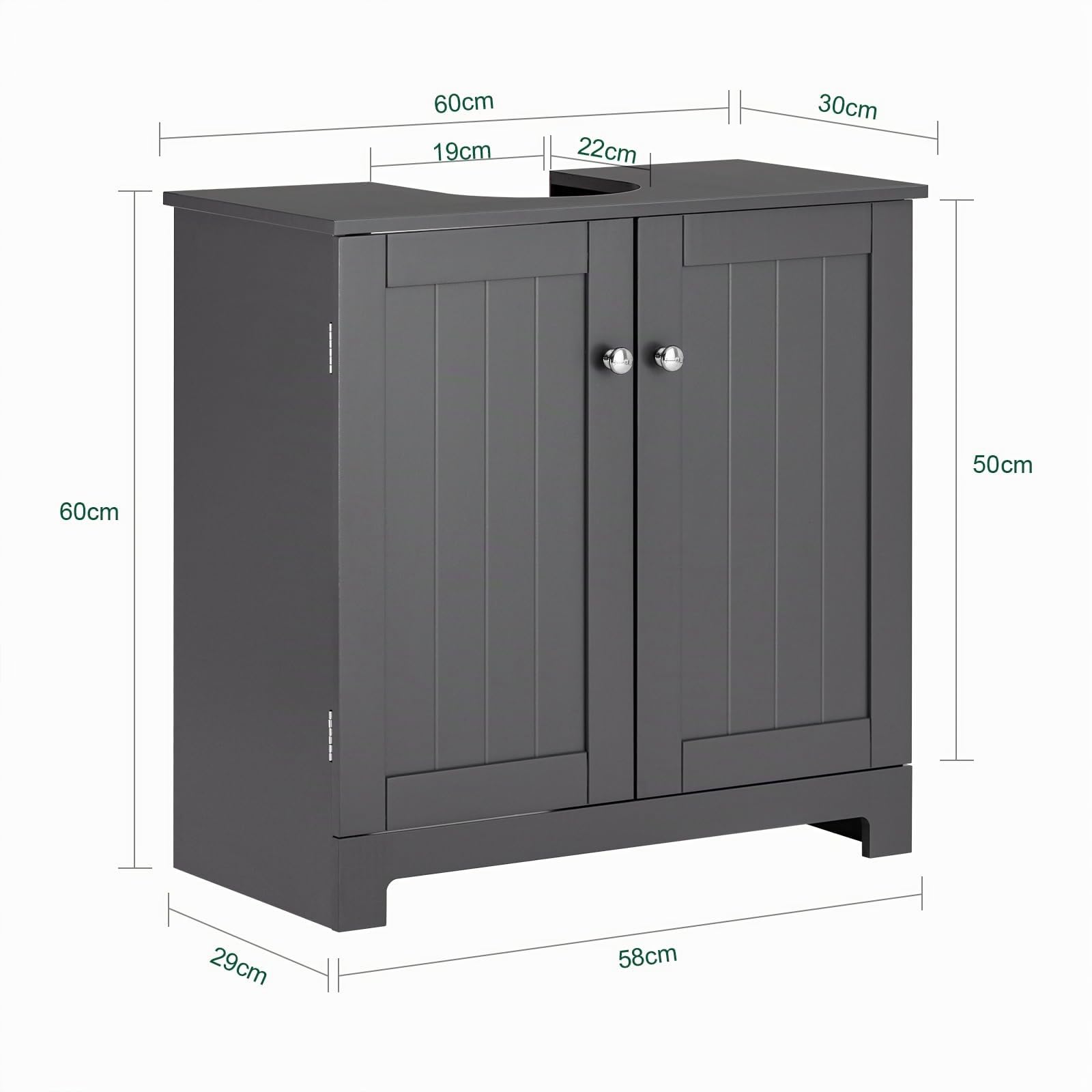 SoBuy Mueble bajo Lavabo con Corte para Sifón 60x29x60 cm Gris Oscuro | Armario Baño con Puertas y Balda Ajustable– Mueble Baño Lavabo Auxiliar en MDF, BZR18-II-DG