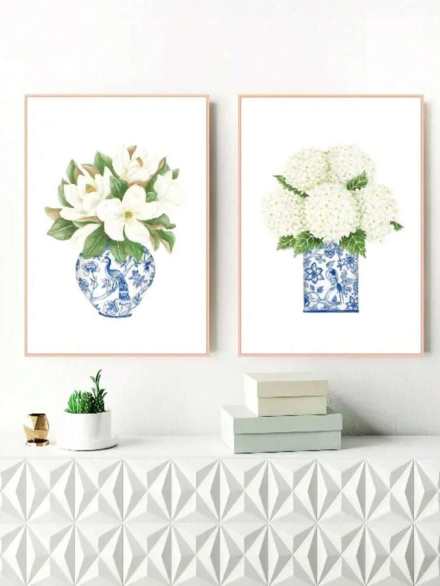 TONGYINLI Niebiesko-białe plakaty, obraz magnolii w Chinach, chiński obraz na płótnie, zdjęcia galerii, dekoracja salonu (70 x 100 cm x 2 / ramka wewnętrzna)