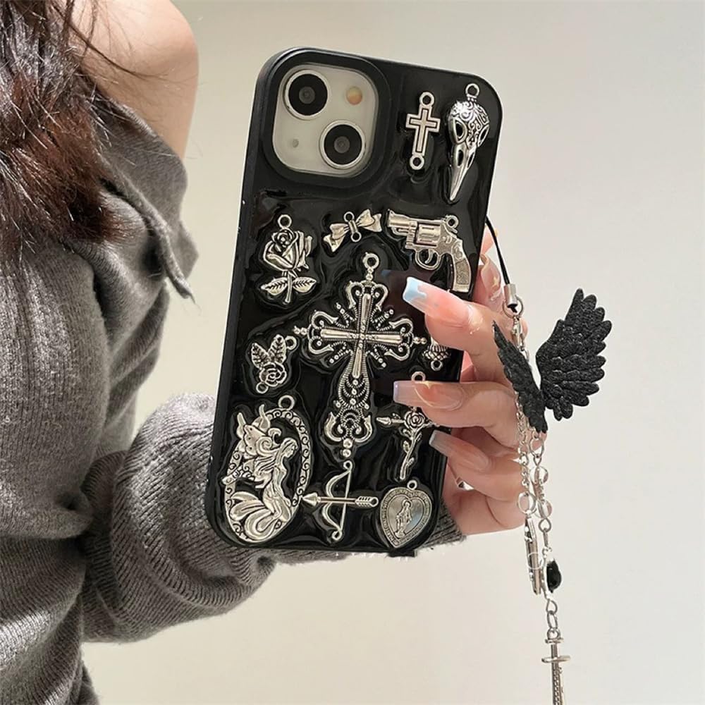 for iPhone 13 Case, Creative Metallic Bless Cross Y2k Tide Cool Cupid Angel Stylish Case with Aesthetics Wing Charm Pendant Aesthetics Protective Cover (for iPhone 13) image 5