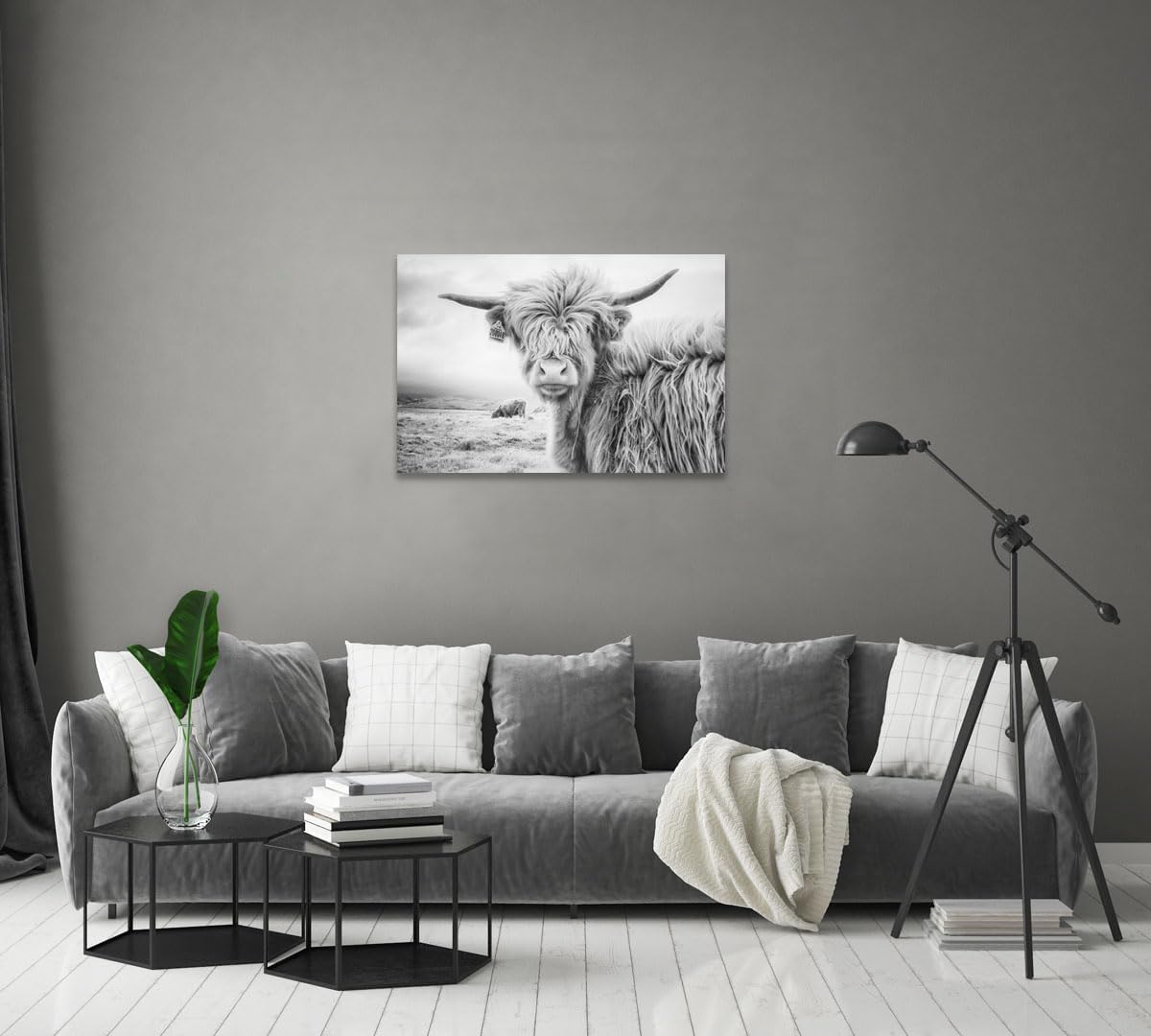 Black and White Cow Bull Yak Canvas Picture Wall Decor Farmhouse Baby Highland Cow Decor Bathroom Picture Wall Art Framed for Home Office (16x24 inch)
