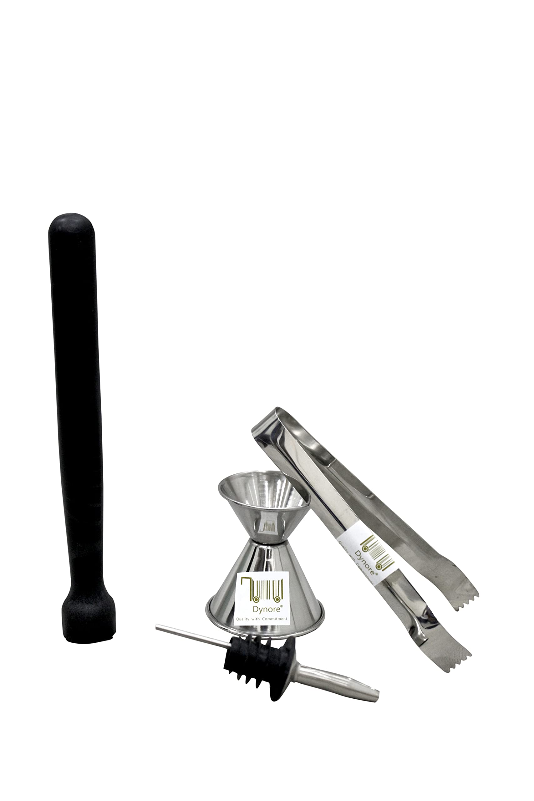 Stainless Steel 4 pcs Bar Accessories Set- PVC Muddler Black, Peg Measure, Ice Tong, Wine Pourer